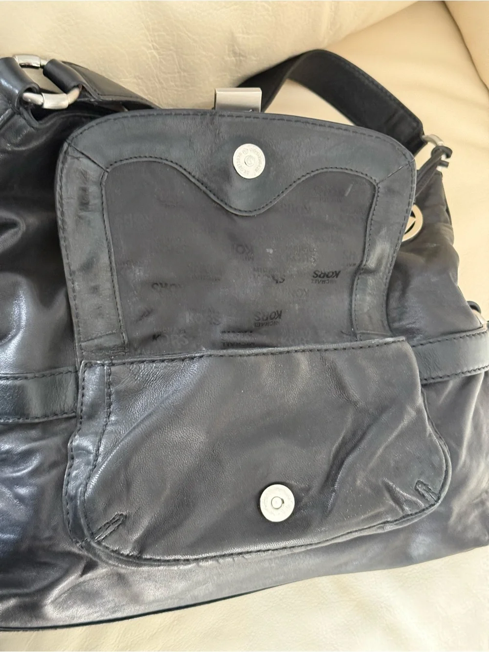 Michael Kors Black Leather Shoulder Bag with MK Logo Charm